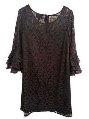 R&K Black Floral Lace Shift Dress with Tiered Bell Sleeves